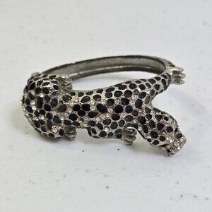 Natasha Silver Tone Rhinestone Jaguar Hinge Bangle Cuff Bracelet Panther Cat